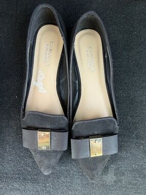 Kurt Geiger Carvela Black Pointed Suede Flats with Gold Bow Accent size 6.5